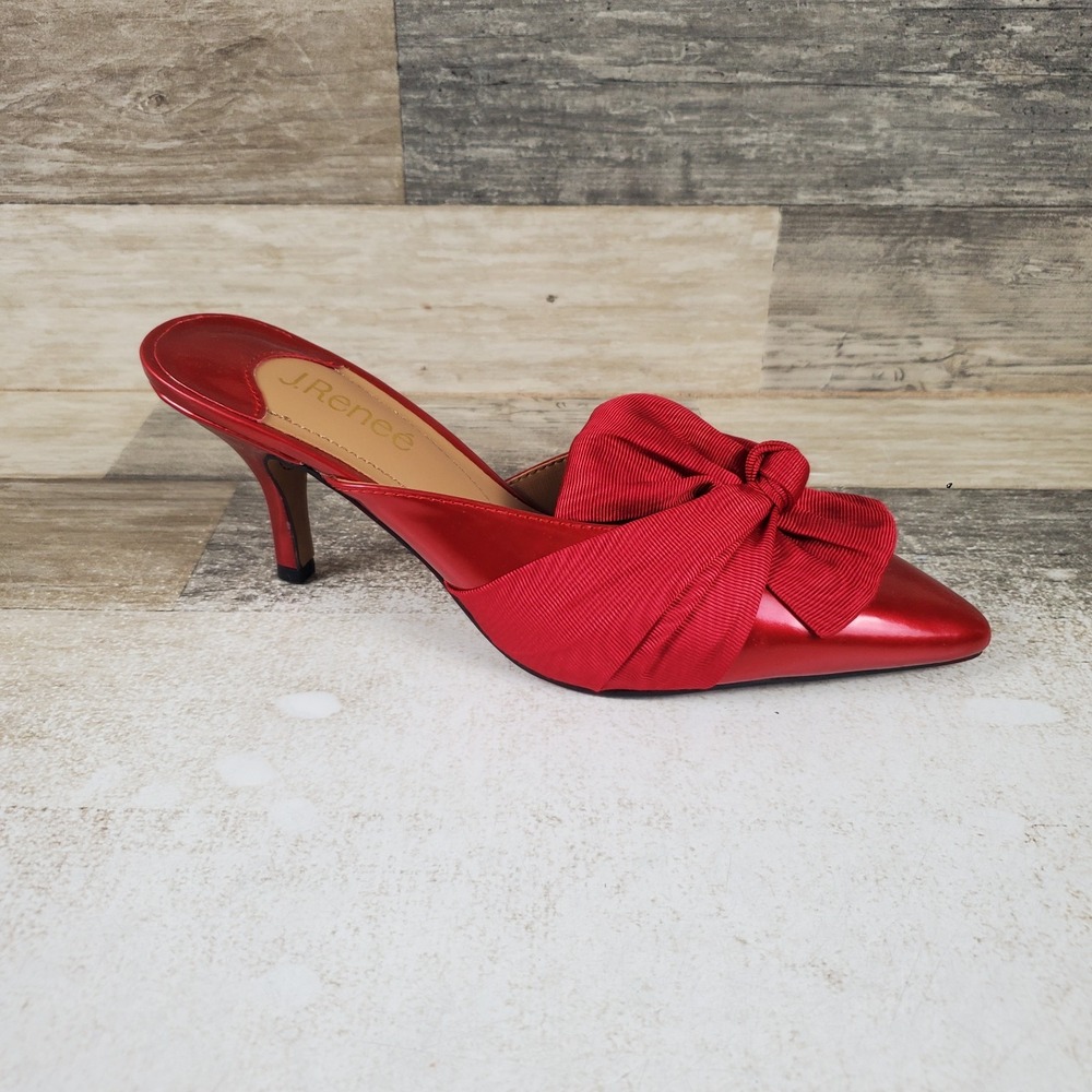 J. Renee Mianna Womens Mule Sandal Sz 7.5 M Red Patent Knotted Bow Pointed-Toe